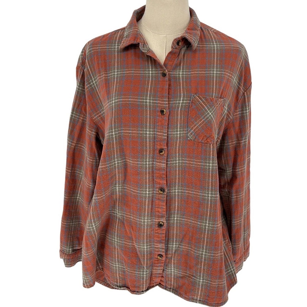 Love Notes Button Down Shirt Orange Plaid 100% Cotton Large